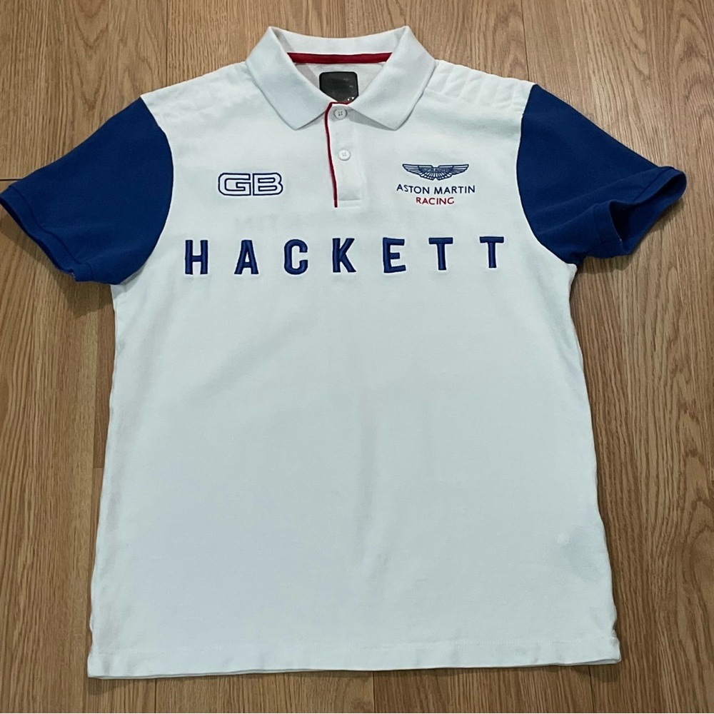 Hackett Men’s M (Small) Aston Martin Polo Shirt White Blue Racing GB Preppy